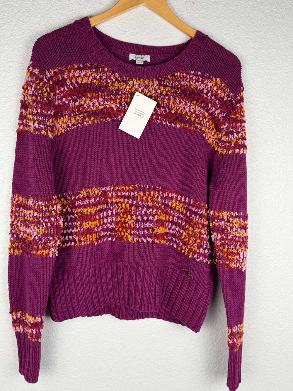 NWT Kensie raspberry spice textured knit sweater colorful striped pattern Sz L